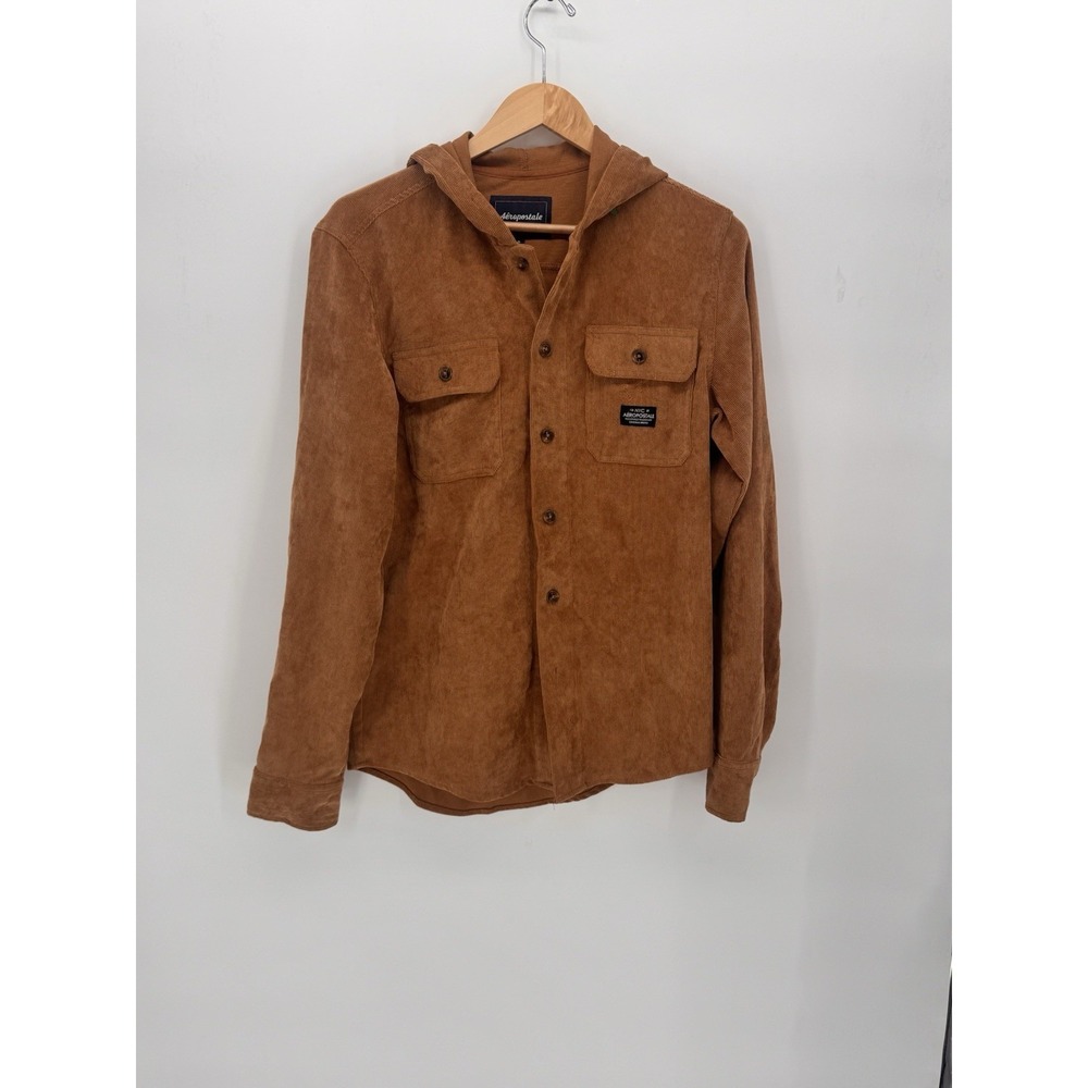 Aeropostale NYC Mens‎ Hoodie Small Brown Corduroy Button Up Pockets Caramel Cafe